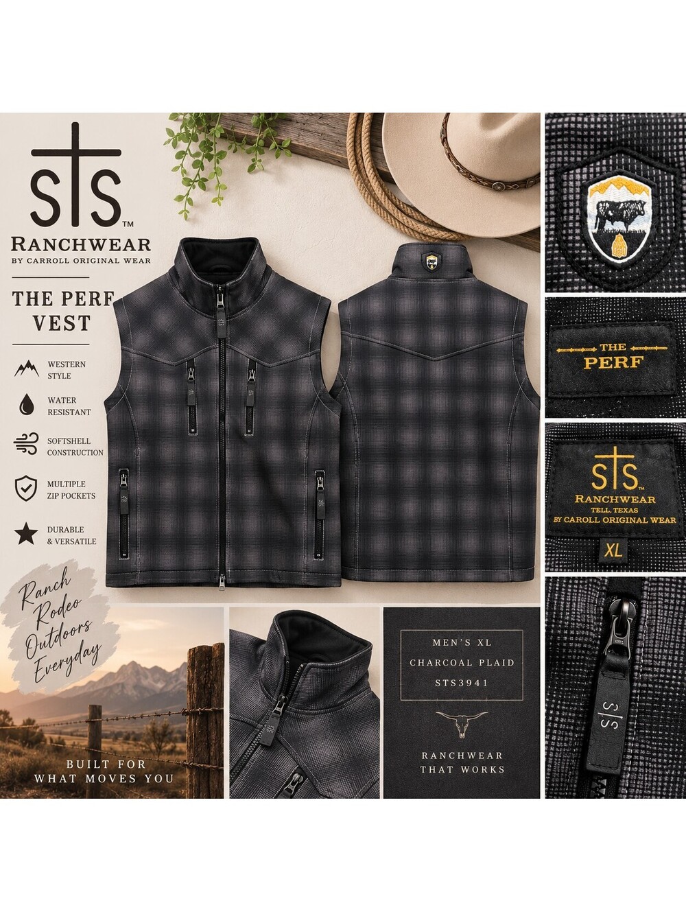 STS Ranchwear The Perf Vest Mens XL Charcoal Plaid Western Softshell STS3941